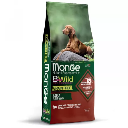 Monge Dog BWild GRAIN FREE беззерновой корм из мяса ягненка с картофелем для взрослых собак всех пород 12 кг