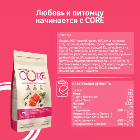 CORE корм из лосося для стерилизованных кошек и кастрированных котов 300 г
